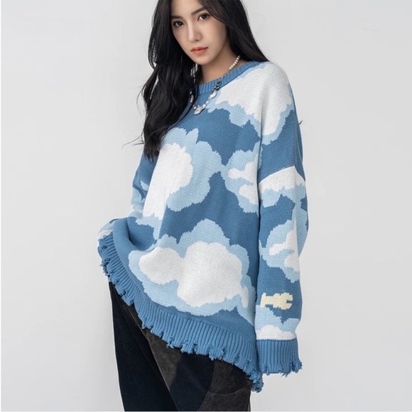 Harsh and Cruel Blue Sky Clouds Ripped Knitted Sweater Size Large - Picture 2 of 13